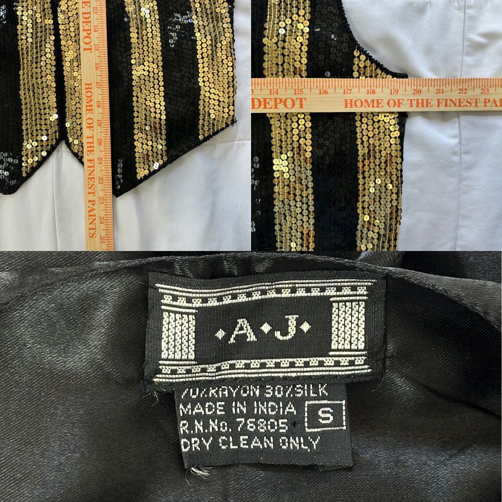 Vtg 80s AJ Silk Blend Vest Womens Small Black Gold Sequin Beads Waistcoat Party - Picture 8 of 8